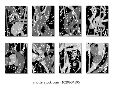 Musical Backgrounds for Posters. Set of 8 Editable Cover Designs with Notes, Bass and Treble Clefs. Vertical Rectangular Backgrounds with Music Symbols Covered with Clipping Mask. Vector Card Design