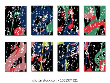 Musical Backgrounds for Posters. Set of 8 Editable Cover Designs with Notes, Bass and Treble Clefs. Vertical Rectangular Backgrounds with Music Symbols Covered with Clipping Mask. Vector Card Design
