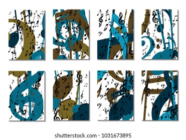 Musical Backgrounds for Posters. Set of 8 Editable Cover Designs with Notes, Bass and Treble Clefs. Vertical Rectangular Backgrounds with Music Symbols Covered with Clipping Mask. Vector Card Design