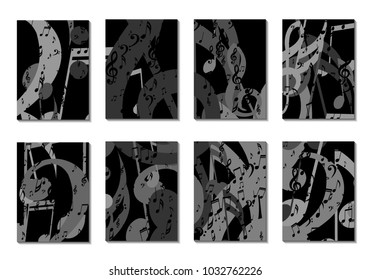 Musical Backgrounds for Posters. Set of 8 Editable Cover Designs with Notes, Bass and Treble Clefs. Vertical Rectangular Backgrounds with Music Symbols Covered with Clipping Mask. Vector Card Design
