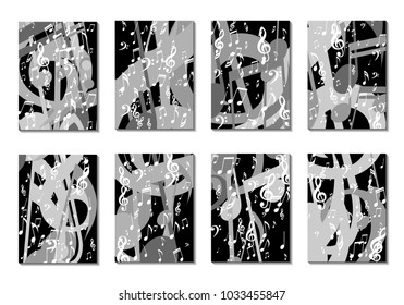 Musical Backgrounds for Posters. Set of 8 Editable Cover Designs with Notes, Bass and Treble Clefs. Vertical Rectangular Backgrounds with Music Symbols Covered with Clipping Mask. Vector Card Design