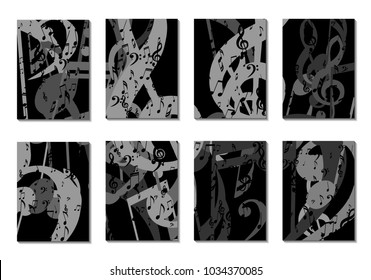 Musical Backgrounds for Posters. Set of 8 Editable Cover Designs with Notes, Bass and Treble Clefs. Vertical Rectangular Backgrounds with Music Symbols Covered with Clipping Mask. Vector Card Design