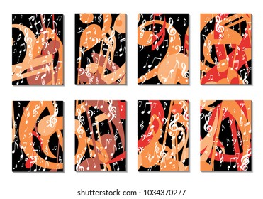 Musical Backgrounds for Posters. Set of 8 Editable Cover Designs with Notes, Bass and Treble Clefs. Vertical Rectangular Backgrounds with Music Symbols Covered with Clipping Mask. Vector Card Design