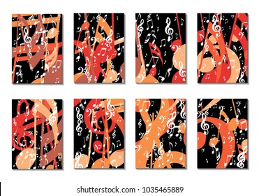 Musical Backgrounds for Posters. Set of 8 Editable Cover Designs with Notes, Bass and Treble Clefs. Vertical Rectangular Backgrounds with Music Symbols Covered with Clipping Mask. Vector Card Design