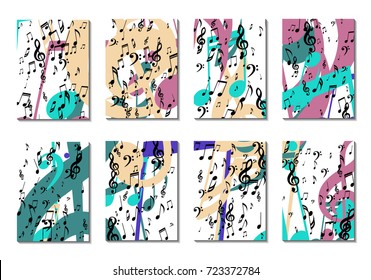 Musical Backgrounds for Posters. Set of 8 Editable Cover Designs with Notes, Bass and Treble Clefs. Vertical Rectangular Backgrounds with Music Symbols Covered with Clipping Mask. Vector Card Design