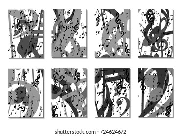 Musical Backgrounds for Posters. Set of 8 Editable Cover Designs with Notes, Bass and Treble Clefs. Vertical Rectangular Backgrounds with Music Symbols Covered with Clipping Mask. Vector Card Design