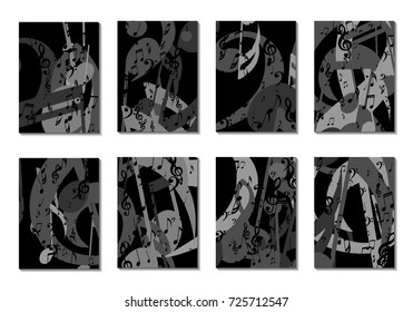 Musical Backgrounds for Posters. Set of 8 Editable Cover Designs with Notes, Bass and Treble Clefs. Vertical Rectangular Backgrounds with Music Symbols Covered with Clipping Mask. Vector Card Design