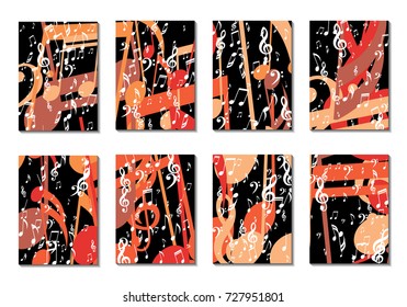 Musical Backgrounds for Posters. Set of 8 Editable Cover Designs with Notes, Bass and Treble Clefs. Vertical Rectangular Backgrounds with Music Symbols Covered with Clipping Mask. Vector Card Design