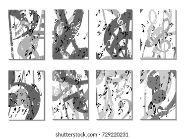 Musical Backgrounds for Posters. Set of 8 Editable Cover Designs with Notes, Bass and Treble Clefs. Vertical Rectangular Backgrounds with Music Symbols Covered with Clipping Mask. Vector Card Design