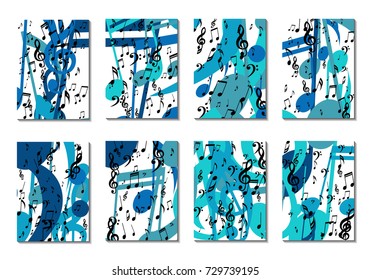Musical Backgrounds for Posters. Set of 8 Editable Cover Designs with Notes, Bass and Treble Clefs. Vertical Rectangular Backgrounds with Music Symbols Covered with Clipping Mask. Vector Card Design