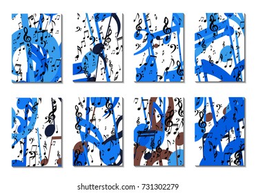 Musical Backgrounds for Posters. Set of 8 Editable Cover Designs with Notes, Bass and Treble Clefs. Vertical Rectangular Backgrounds with Music Symbols Covered with Clipping Mask. Vector Card Design