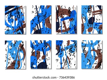 Musical Backgrounds for Posters. Set of 8 Editable Cover Designs with Notes, Bass and Treble Clefs. Vertical Rectangular Backgrounds with Music Symbols Covered with Clipping Mask. Vector Card Design