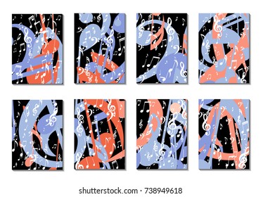 Musical Backgrounds for Posters. Set of 8 Editable Cover Designs with Notes, Bass and Treble Clefs. Vertical Rectangular Backgrounds with Music Symbols Covered with Clipping Mask. Vector Card Design