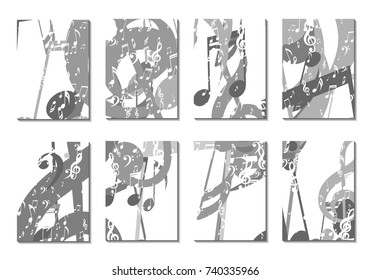 Musical Backgrounds for Posters. Set of 8 Editable Cover Designs with Notes, Bass and Treble Clefs. Vertical Rectangular Backgrounds with Music Symbols Covered with Clipping Mask. Vector Card Design