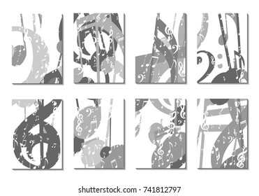 Musical Backgrounds for Posters. Set of 8 Editable Cover Designs with Notes, Bass and Treble Clefs. Vertical Rectangular Backgrounds with Music Symbols Covered with Clipping Mask. Vector Card Design