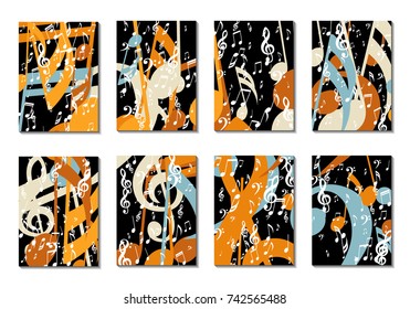 Musical Backgrounds for Posters. Set of 8 Editable Cover Designs with Notes, Bass and Treble Clefs. Vertical Rectangular Backgrounds with Music Symbols Covered with Clipping Mask. Vector Card Design