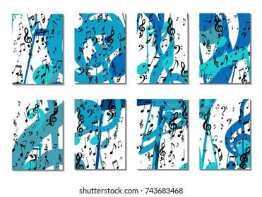 Musical Backgrounds for Posters. Set of 8 Editable Cover Designs with Notes, Bass and Treble Clefs. Vertical Rectangular Backgrounds with Music Symbols Covered with Clipping Mask. Vector Card Design