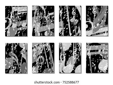 Musical Backgrounds for Posters. Set of 8 Editable Cover Designs with Notes, Bass and Treble Clefs. Vertical Rectangular Backgrounds with Music Symbols Covered with Clipping Mask. Vector Card Design