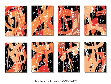 Musical Backgrounds for Posters. Set of 8 Editable Cover Designs with Notes, Bass and Treble Clefs. Vertical Rectangular Backgrounds with Music Symbols Covered with Clipping Mask. Vector Card Design