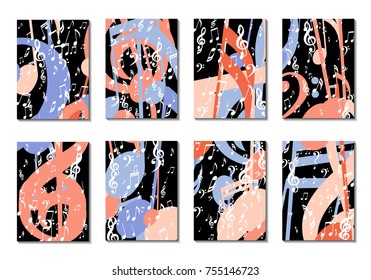 Musical Backgrounds for Posters. Set of 8 Editable Cover Designs with Notes, Bass and Treble Clefs. Vertical Rectangular Backgrounds with Music Symbols Covered with Clipping Mask. Vector Card Design
