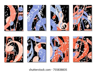 Musical Backgrounds for Posters. Set of 8 Editable Cover Designs with Notes, Bass and Treble Clefs. Vertical Rectangular Backgrounds with Music Symbols Covered with Clipping Mask. Vector Card Design