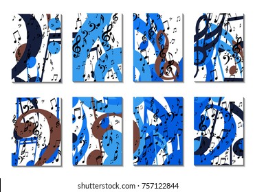 Musical Backgrounds for Posters. Set of 8 Editable Cover Designs with Notes, Bass and Treble Clefs. Vertical Rectangular Backgrounds with Music Symbols Covered with Clipping Mask. Vector Card Design