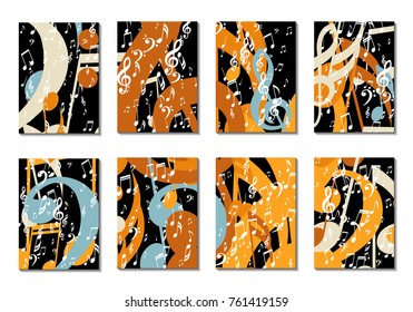 Musical Backgrounds for Posters. Set of 8 Editable Cover Designs with Notes, Bass and Treble Clefs. Vertical Rectangular Backgrounds with Music Symbols Covered with Clipping Mask. Vector Card Design