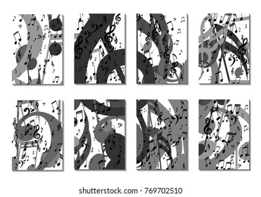Musical Backgrounds for Posters. Set of 8 Editable Cover Designs with Notes, Bass and Treble Clefs. Vertical Rectangular Backgrounds with Music Symbols Covered with Clipping Mask. Vector Card Design
