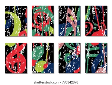 Musical Backgrounds for Posters. Set of 8 Editable Cover Designs with Notes, Bass and Treble Clefs. Vertical Rectangular Backgrounds with Music Symbols Covered with Clipping Mask. Vector Card Design