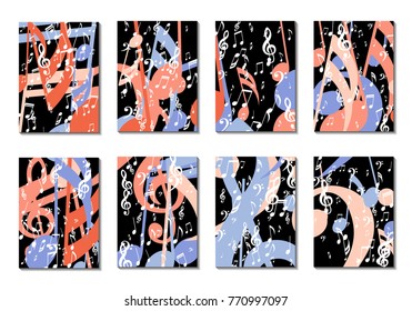 Musical Backgrounds for Posters. Set of 8 Editable Cover Designs with Notes, Bass and Treble Clefs. Vertical Rectangular Backgrounds with Music Symbols Covered with Clipping Mask. Vector Card Design