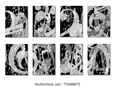 Musical Backgrounds for Posters. Set of 8 Editable Cover Designs with Notes, Bass and Treble Clefs. Vertical Rectangular Backgrounds with Music Symbols Covered with Clipping Mask. Vector Card Design