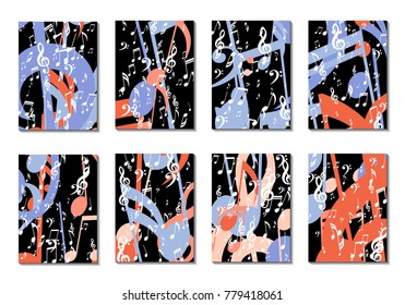 Musical Backgrounds for Posters. Set of 8 Editable Cover Designs with Notes, Bass and Treble Clefs. Vertical Rectangular Backgrounds with Music Symbols Covered with Clipping Mask. Vector Card Design