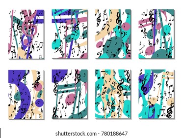 Musical Backgrounds for Posters. Set of 8 Editable Cover Designs with Notes, Bass and Treble Clefs. Vertical Rectangular Backgrounds with Music Symbols Covered with Clipping Mask. Vector Card Design