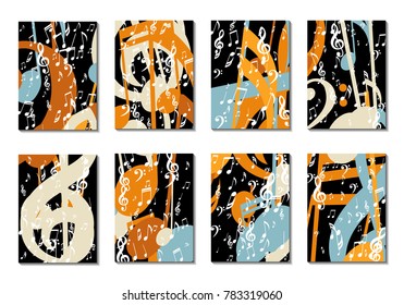 Musical Backgrounds for Posters. Set of 8 Editable Cover Designs with Notes, Bass and Treble Clefs. Vertical Rectangular Backgrounds with Music Symbols Covered with Clipping Mask. Vector Card Design