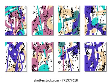 Musical Backgrounds for Posters. Set of 8 Editable Cover Designs with Notes, Bass and Treble Clefs. Vertical Rectangular Backgrounds with Music Symbols Covered with Clipping Mask. Vector Card Design