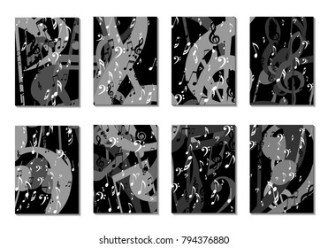 Musical Backgrounds for Posters. Set of 8 Editable Cover Designs with Notes, Bass and Treble Clefs. Vertical Rectangular Backgrounds with Music Symbols Covered with Clipping Mask. Vector Card Design
