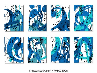 Musical Backgrounds for Posters. Set of 8 Editable Cover Designs with Notes, Bass and Treble Clefs. Vertical Rectangular Backgrounds with Music Symbols Covered with Clipping Mask. Vector Card Design