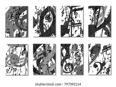 Musical Backgrounds for Posters. Set of 8 Editable Cover Designs with Notes, Bass and Treble Clefs. Vertical Rectangular Backgrounds with Music Symbols Covered with Clipping Mask. Vector Card Design