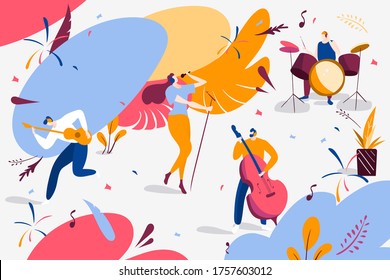 Musical band concert performance, vector illustration. Singer character near microphone with musicians cello, guitar, cartoon drums. Group playing instrument music, woman sing jazz song.