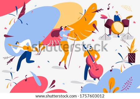 Musical band concert performance, vector illustration. Singer character near microphone with musicians cello, guitar, cartoon drums. Group playing instrument music, woman sing jazz song.