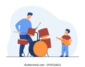 Musical band of dad and son. Father and kid playing drums and guitar. Flat vector illustration. Family activities, leisure time together, music concept for banner, website design or landing web page