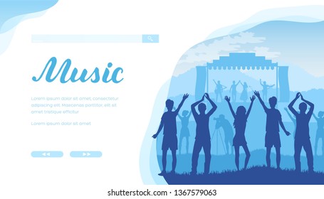 Musical band with guitarists and singers performing on stage before fans. Summer open air music festival with video shooting, crowd of young dancing people, musicians. Vector design. Copy space.