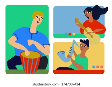 Musical band making online performance using video conferencing platform. Home concert online. Video conferencing software ad. Social distancing concept. Vector illustration in flat style