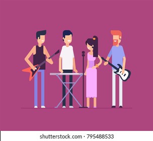 Musical band - modern flat design style isolated illustration on purple background. Young smiling cheerful cartoon characters, playing instruments, guitars and keyboard and singing