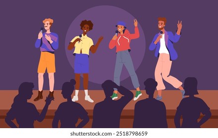 Actuación de banda musical. Hombres con micrófono cantando en el escenario. Creatividad y arte. Músicos Pop actuando en conciertos o espectáculos. Entretenimiento y diversión, Ocio. Ilustración vectorial plana