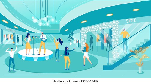 Musical Band Performance in Shopping Mall Cartoon. Entertainment for Shoppers. Store Opening, New Brand Advertising, Effective Marketing Strategy. Happy Satisfied Shoppers. Vector Flat Illustration