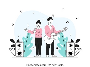 Banda musical actúa. Hombre con guitarra y mujer con micrófono actúan en el escenario. Talentosos artistas en un espectáculo o concierto. Ocio cultural y ocio. Ilustración vectorial lineal plana