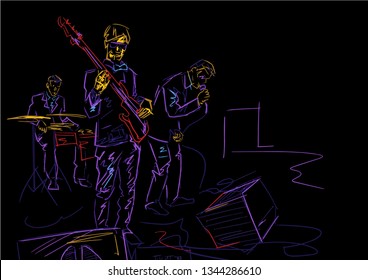 Musical band performs on stage. Neon colors, sketch style. Guitarist, drummer and singer. Colorful lines on black background. Vector illustration.