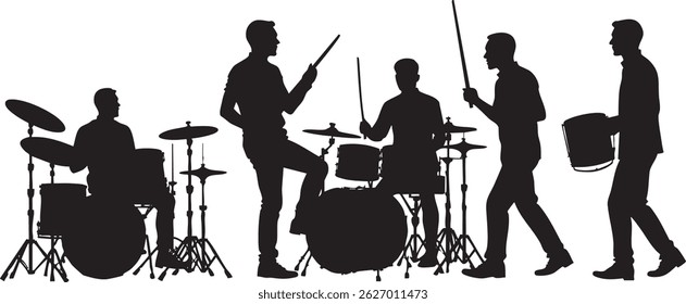 Musical band playing drums and cymbals, vector silhouette illustration.