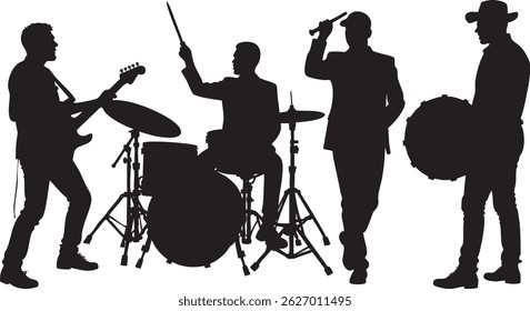 Musical band playing drums and cymbals, vector silhouette illustration.